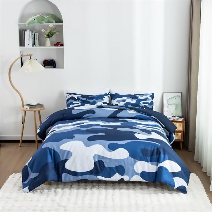Meeting Story Camouflage Bedding Set, Colorful Pattern Style Comforter Set, 3 PCS One Comforter Two Pillowcases Two Sheets in One Bag, All Season Bedspread for Teens Adults (Navy,King