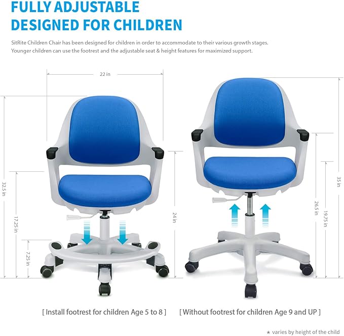 Kids Desk Chair: Ergonomic Kids Computer Chair | Adjustable Kids Office Chair with Wheels & Arms | Study Chair for Girls and Boys - Kids Chair Desk with Wheel Covers (Ocean Blue)