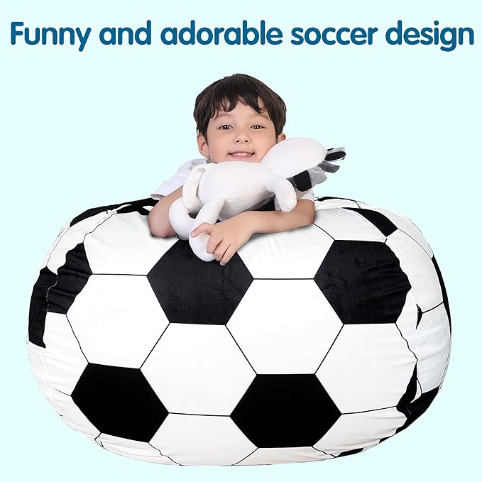 Lukeight Stuffed Animal Storage Bean Bag Chair Cover for Kids, Soccer Zipper Beanbag Chair Cover for Organizing Toddler & Kids' Rooms Plush Toys (Soccer Velvet, XX-Large)