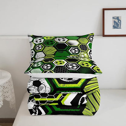Erosebridal Boys Football Comforter Set Twin Soccer Sports Bedding Set Twin for Kids Teen,Geometric Honeycomb Down Comforter Hexagon Beehive Quilt Duvet Duvet Insert Green Black White 1 Pillow Case