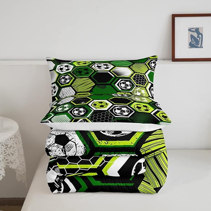 Erosebridal Boys Football Comforter Set King Soccer Sports Bedding Set Twin for Kids Teen,Geometric Honeycomb Down Comforter Hexagon Beehive Quilt Duvet Duvet Insert Green Black White 2 Pillow Cases