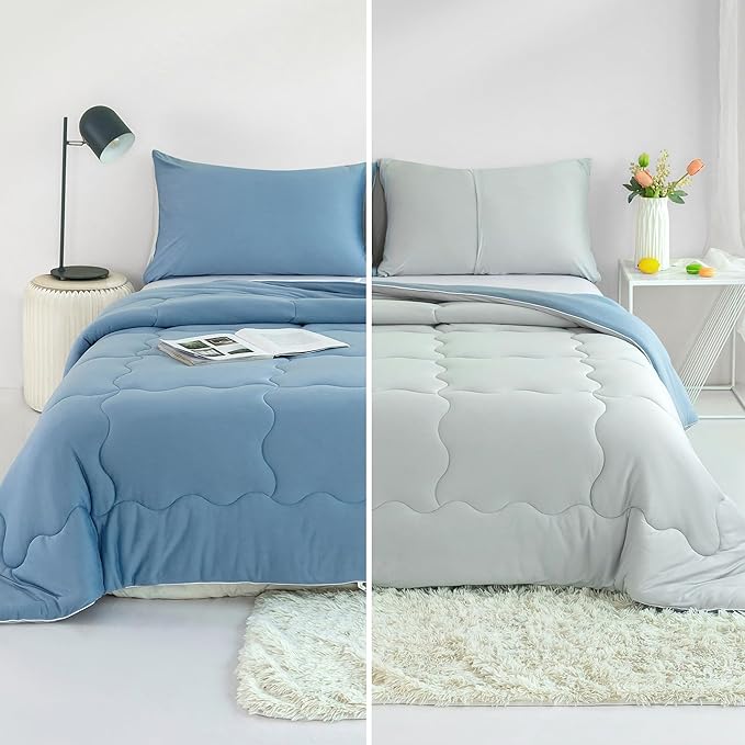 COTTEBED Blue and Grey KING Sized Bed Down Comforters Set, Jersey Knit Milk Cup Dual-Sided Reversible Softness Breathable Lightweight California King Bedding Alternative Quilt & Pillowsham All Seasons