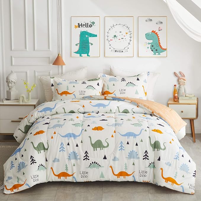 Joyreap 3pcs Cotton Comforter Set for Kids, Dinosaur Full/Queen Size Cotton Bedding Comforter for Boys Girls, White n Orange Reversible Design, Soft n Cozy Comforter for All Season- 88x88 inches