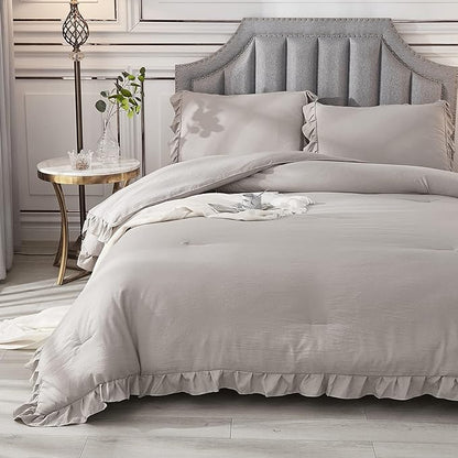 Andency California King Comforter Set Wheat (104x96Inch), 3 Pieces Cal King Ruffle Comforter, Oversized Farmhouse Shabby Chic Bed Comforter, Lighteweight and Soft Microfiber Bedding Set
