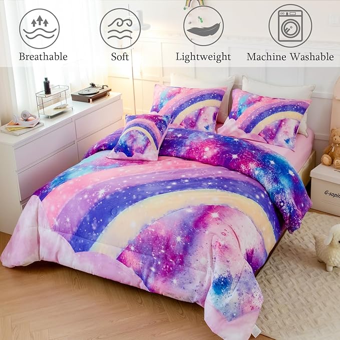 6 Pcs Tie Dye Pink Twin Comforter Set for Girls, 3D Rainbow Galaxy Gradient Themed Bed in A Bag, Pastle Nebula Kids Bedding Set with Sheets, Comforter and Pillowcases for All Season