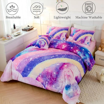 6 Pcs Tie Dye Pink Twin Comforter Set for Girls, 3D Rainbow Galaxy Gradient Themed Bed in A Bag, Pastle Nebula Kids Bedding Set with Sheets, Comforter and Pillowcases for All Season
