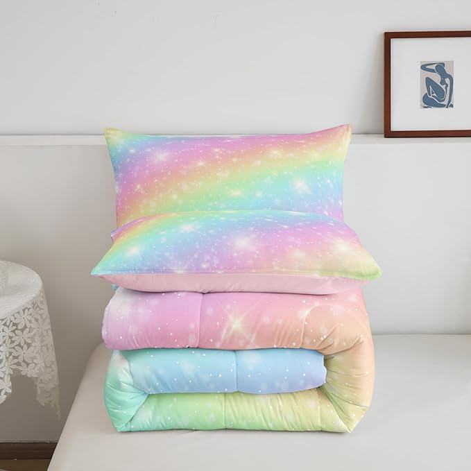 Erosebridal Rainbow Bedding Set for Kids Girls Teens Women Tie Dye Pastel Comforter Set Twin Size Golden Stars Glitter Bedding Comforter Set Watercolor Art Girly Quilt Set Sweet Bedroom Decor 2 Piece