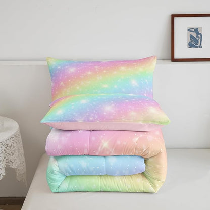 Erosebridal Rainbow Bedding Set for Kids Girls Teens Women Tie Dye Pastel Comforter Set Twin Size Golden Stars Glitter Bedding Comforter Set Watercolor Art Girly Quilt Set Sweet Bedroom Decor 2 Piece