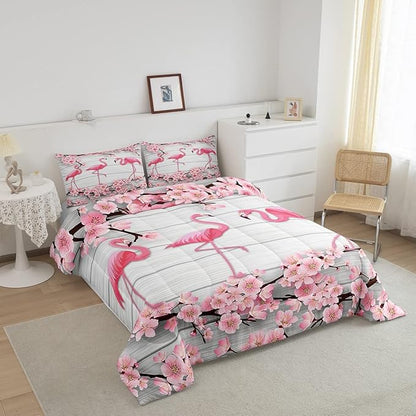 Erosebridal Flamingo Bedding Set King,Cherry Blossoms Comforter Set for Girls Boys Teens Women,Pink Tropical Bird Animal Comforter Flower Rustic Wooden Board Quilt Duvet Sets with 2 Pillow Cases