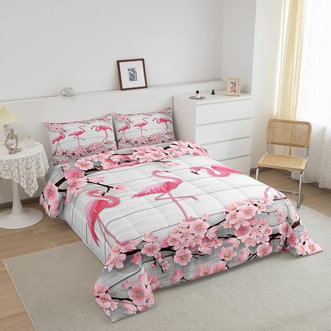 Erosebridal Flamingo Bedding Set Twin,Cherry Blossoms Comforter Set for Girls Teens Women,Pink Tropical Bird Animal Comforter Flower Rustic Wooden Board Quilt Duvet Sets with 1 Pillow Case
