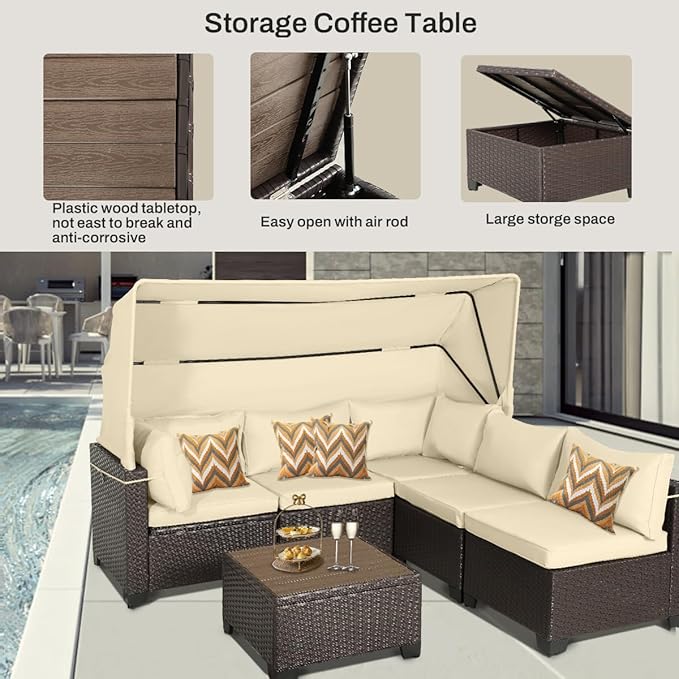 6 PCS Outdoor Patio Furniture Set,Sectional Sofa Set,Rattan Daybed with Retractable Canopy,Adjustable Backrest,Storage Coffee Table,Chaise Chair Sunbed for Porch Garden Poolside Backyard(Beige)