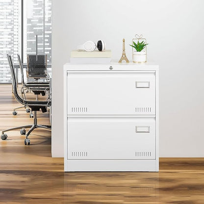 2 Drawer Lateral Lock and Card Holder, Multifunctional Metal Filing Cabinets w/Heavy 3 Section Slide Rail & Breathable Holes,for Legal/Letter/A4,White