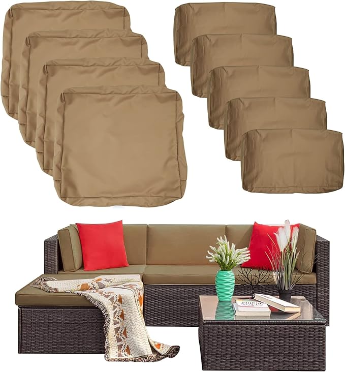 ClawsCover 9Pack Outdoor Seat and Back Cushions Replacement Covers Fit for 5 Pieces 4-Seater Wicker Rattan Patio Conversation Set Sectional Couch Furniture,Taupe-Include Covers Only (Large)