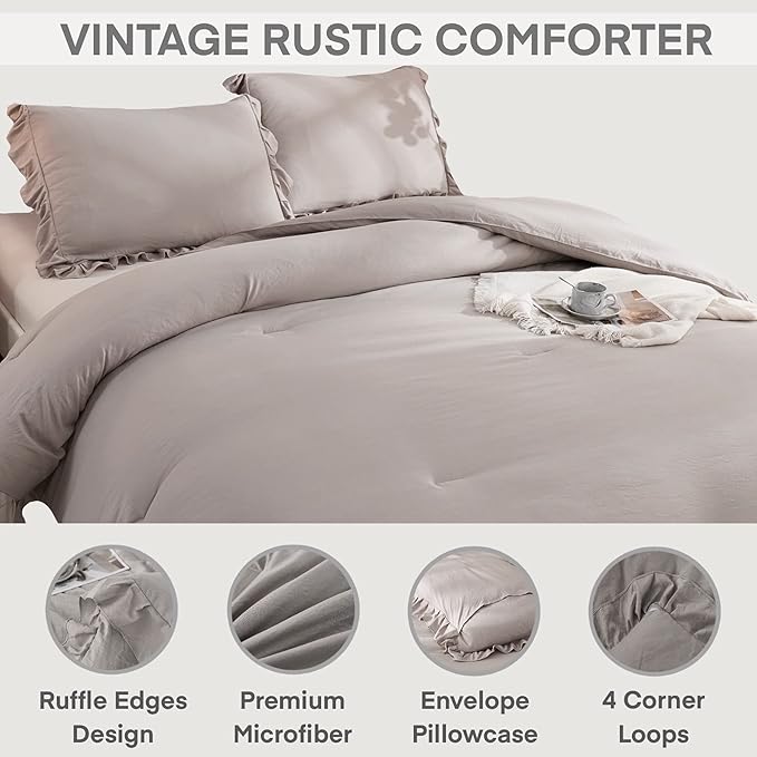 Andency Wheat Ruffle Comforter Full(79x90Inch), 3 Pieces(1 Ruffled Comforter and 2 Pillowcases) Vintage Ruffle Fringe Comforter, Farmhouse Rustic Microfiber Down Alternative Bedding Comforter Set