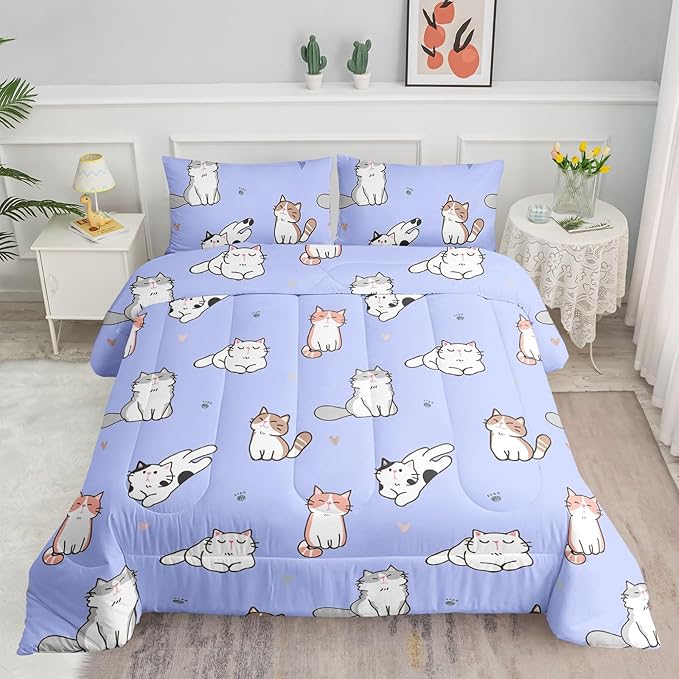 Datura home Purple Kawaii Cat Comforter Bedding Set for Girls Kitten Purple Print Cute Animal Pattern with 1 and 2 Pillowcases Bedroom All Season(Cat Purple Twin), Twin 68x86inches