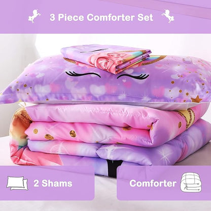 Unicorn Kid's Comforter Set 3pc Pink Flower Girl Soft Unicorn Bedding Sets