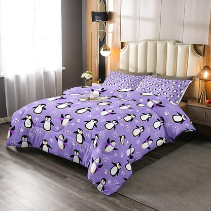Penguin Comforter Set Twin Size Kawaii Penguin Down Comforter Antarctic Animal Bedding Set for Kids Boys Girls Teens Cartoon Cute Winter Quilt Set Snowflake Pattern Duvet Set Room Decor, Purple