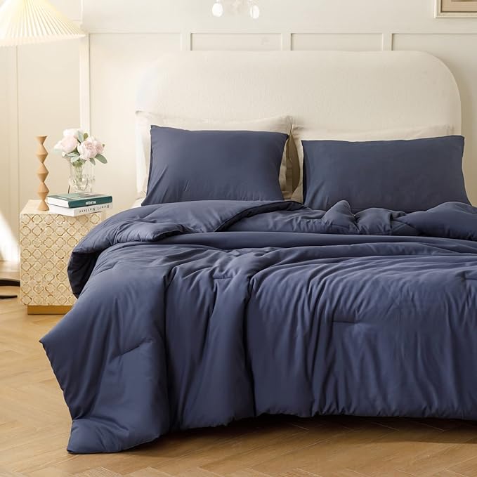 ROSGONIA Comforter Full Size for Boys Teen Girls Navy Blue, 3pcs (1 Blue Comforter & 2 Pillowcases), Lightweight Dorm Bedding Soft All Season Bed Set