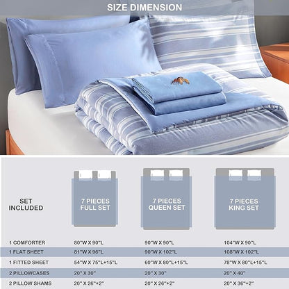 Queen Size Comforter Sets with Sheets, Modern Blue and White Striped Bed in a Bag, 7-Piece Complete Bedding Set Including Reversible Comforter, 2 Sheets, Pillowcases & Shams