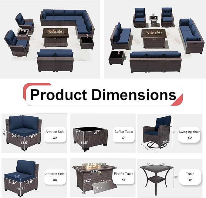 Patio Furniture Sectional Sofa Set 13PCS PE Rattan Swivel Rocking Chairs Patio Conversation Set w/43in Gas Fire Pit Table, Outdoor Furniture with 55000 BTU Propane Fire Pit, Navy Blue