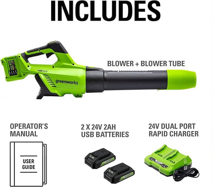 Greenworks 48V (2 x 24V) Cordless Axial Leaf Blower (125 MPH / 515 CFM / 125+ Compatible Tools), (2) 2.0Ah Batteries and Dual Port Charger Included