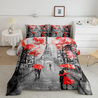 Eiffel Tower Comforter Set Full Size For Girls Women Romantic Paris Street Bedding Sweet Couple Lover Red Flowers Floral Quilted Duvet French Style Down Comforter Chic Paris Cityscape Comforter