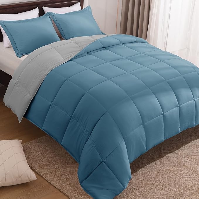 Basic Beyond King Size Comforter Set - Fluffy King Bed Comforter Set for All Seasons - Reversible Blue Comforter Set King - 3 Pieces (1 Comforter + 2 Pillow Shams) - Blue/Grey