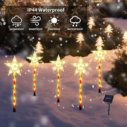 Solar Christmas Pathway Lights Outdoor Decorations, 8 Modes Star Candy Lights Waterproof Led Garden Stake Lights for Walkway Yard Lawn Porch Holiday Decor 5-Pack (Warm White Star Lights)