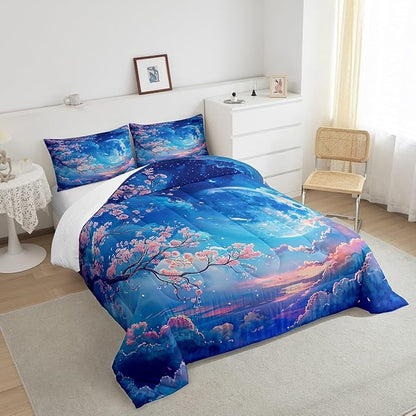 Manfei Cherry Blossoms Comforter Set Queen Size,Moonnight Cloud Starry Sky Bedding Set,Girls Women Room Decor,Sakura Flowers Chinese Style Down Comforter,Pink Blue Romantic Duvet Insert,2 Pillowcases