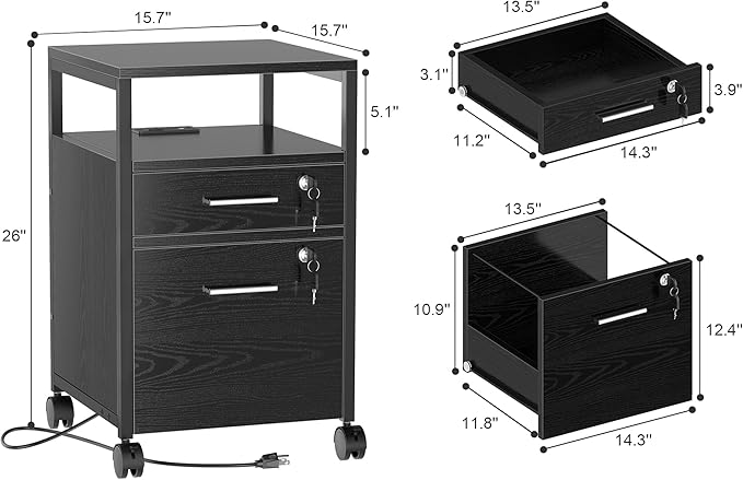 SUPERJARE File Cabinet with Lock & Charging Station, 2 Drawers Rolling Filing Cabinet, Office File Cabinet with Wheels & Open Shelf, for Home Office, A4/Letter Size Files Under Desk - Black