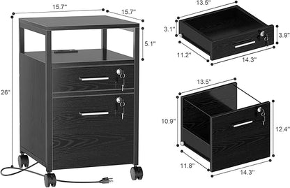 SUPERJARE File Cabinet with Lock & Charging Station, 2 Drawers Rolling Filing Cabinet, Office File Cabinet with Wheels & Open Shelf, for Home Office, A4/Letter Size Files Under Desk - Black