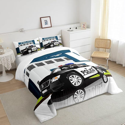 Children Police Car Comforter Set, 3D Car Pattern Down Comforter Full Size for Kids Boys Girls Teens Bedroom, Cartoon Automobile Quilted Duvet, Decorative 3 Piece Bedding Set with 2 Pillow Cases