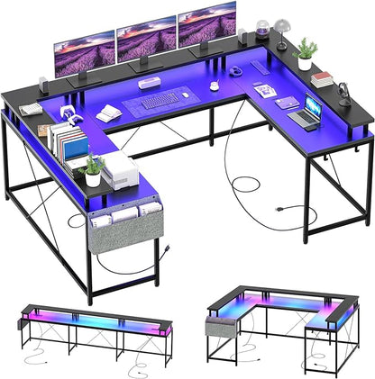 U Shaped Computer Gaming Desk, Reversible L Shaped Desk with Power Outlets, LED Strip & Monitor Stand, Large Corner Desk with Storage Shelves for Home Office, Black
