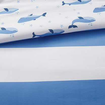 Mizone Kids Blake Reversible Dolphin Comforter Set - Adventure Animal Adorable Print with Stripe Reverse, Fun Bedroom Décor, Modern All Season Kids Bedding, Matching Sham, Full/Queen, Blue 3 Piece
