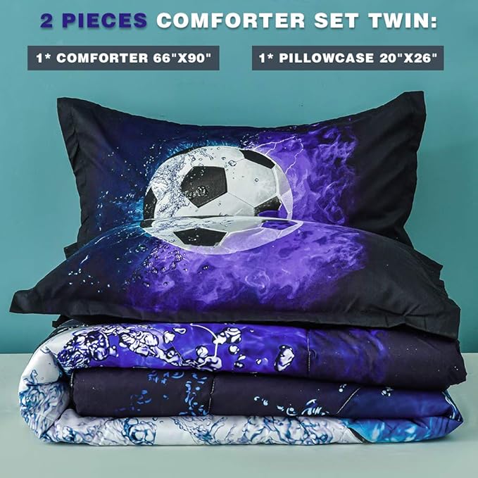 Andency Soccer Comforter Twin(66x90 Inch), 2 Pieces(1 Soccer Comforter, 1 Pillowcase) Blue Flame Soccer Comforter Set Sport Microfiber Bedding Set for Boy Girl Kids, Teen