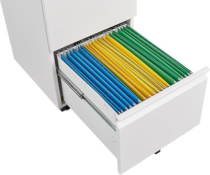 2 Drawer Mobile Lock and Casters,Pre-Assembled Metal Office Storage Filing Cabinets w/Anti-Dumping Fifth Round,for Letter/Legal/A4 Size,White