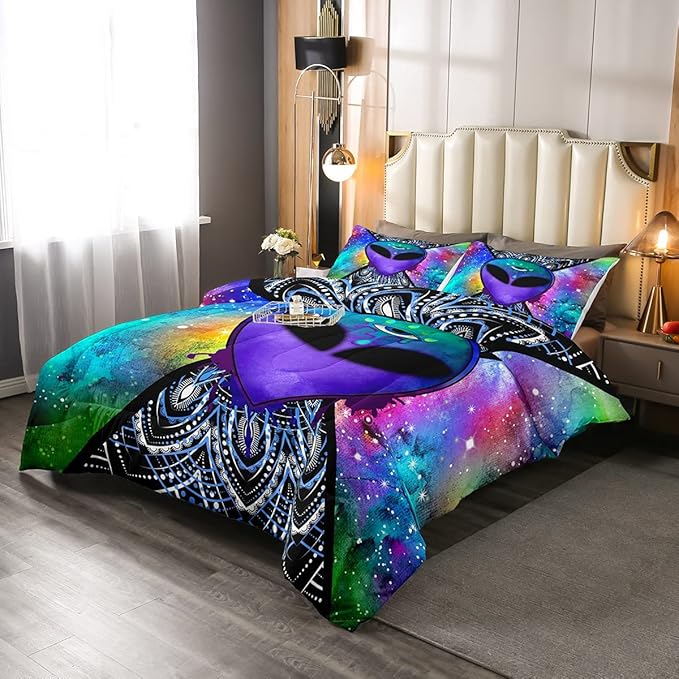 Erosebridal Trippy Alien Comforter Set Twin, Boho Tie Dye Bedding Sets for Kids Teens Adult Galaxy Outer Space Down Comforter Psychedelic Hippie Skull Duvet Sets 2 Pieces with 1 Pillow Case