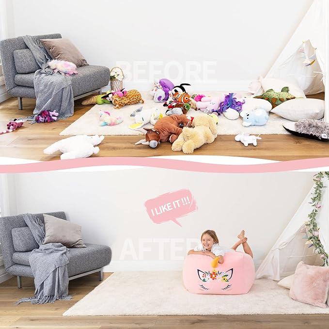 Aubliss Unicorn Stuffed Animal Storage Bean Bag Chair for Kids, Velvet Extra Soft Beanbag Chairs Cover, X-Large Stuffable Zipper Bean Bag for Organizing Plush Toys Girls Bedroom Decor, Pink Floral