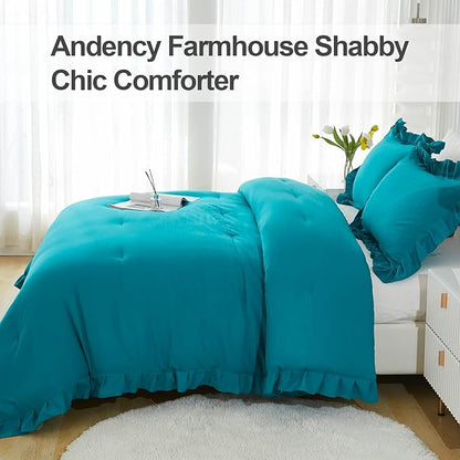 Andency California King Comforter Set Turquoise (104x96Inch), 3 Pieces Cal King Ruffle Comforter, Oversized Farmhouse Shabby Chic Bed Comforter, Lightweight and Soft Microfiber Bedding Set