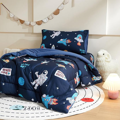 beeweed 5 Piece Kid Comforter Set Twin Size, Space Rocket & Astronaut Bedding Set for Teen Boys Girls