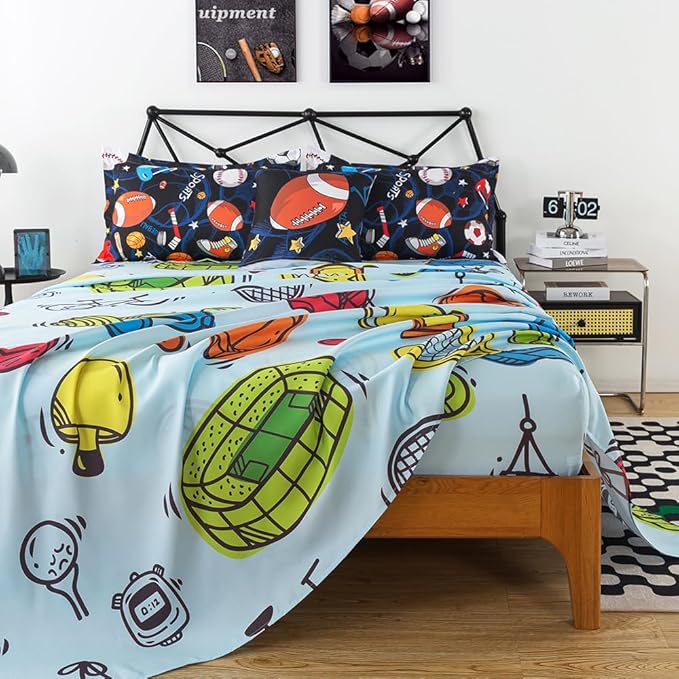 ADASMILE A & S Sports Comforter Set Twin for Boys Kids Bed in A Bag Comforter 6 Piece 3D Soccer Basketball Baseball Football Bedding Set for Kids Football Comforter with Sports Sheet Sets Home Decor