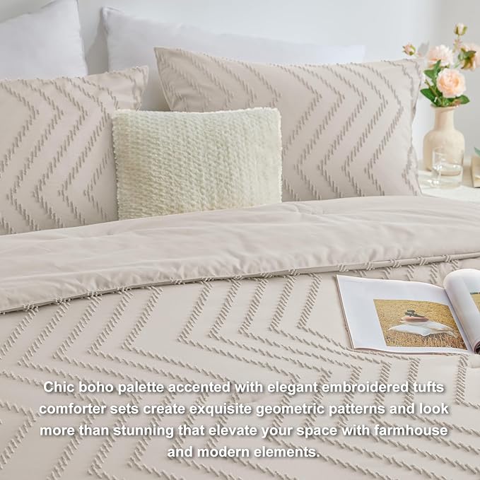 CozyLux King Size Comforter Set Beige - 3 Pieces Boho Tufted Shabby Chic Bedding Comforter Set for All Seasons, Chevron Bedding Sets with Comforter & 2 Pillow Shams