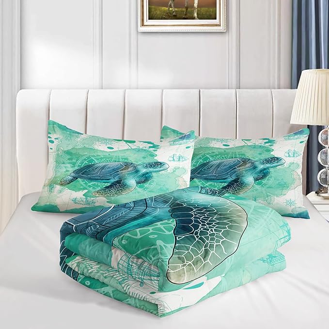 CVHOUSE Sea Turtle Bedding Set,Sea Turtle Comforter King,Ocean Bohemia Comforter Set for Boys Kids Girls,Ocean Quilt Set with 1 Comforter and 2 Pillow Cases
