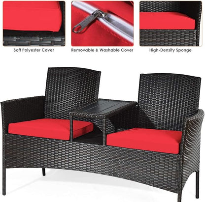 LUARANE Outdoor Rattan Sofas, Contract Patio Conversation Set Wicker Sofa Set with Built-in Coffee Table, Patio Furniture Set with Cushions, Rattan Loveseat for Lawn Backyard Garden (Brown+Red)