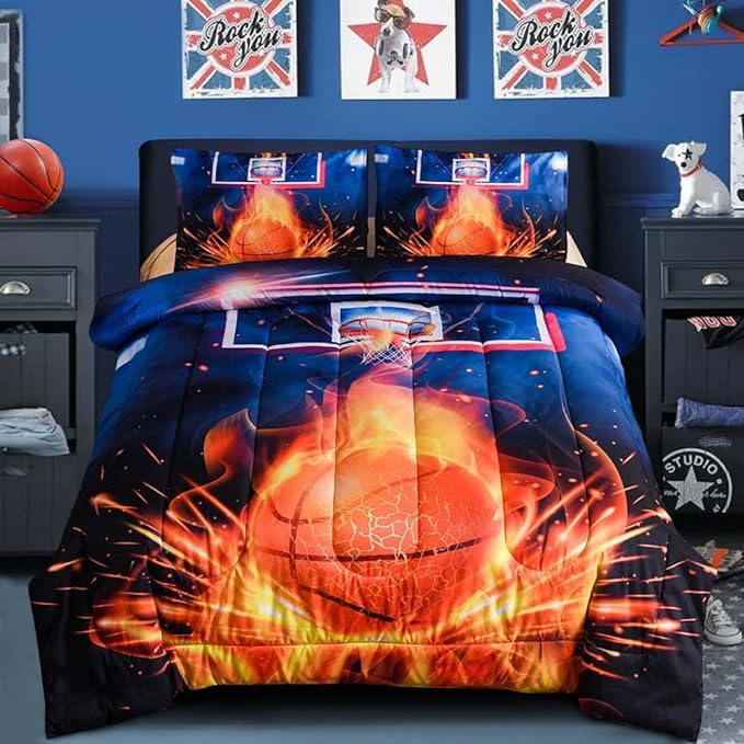 Btargot Basketball Fire Court Comforter Sets Full for Boys Teens,3D Sports Bedding,Soft Microfiber Reversible Quilt with 2 Matching Pillow Shams