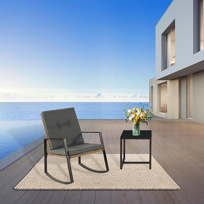 3 Pieces Rocking Chairs Set Balcony Furniture Conversation Sets with Outdoor Table and Chairs,Washable Cushion for Porch,balcony,Garden,Backyard,Poolside Grey