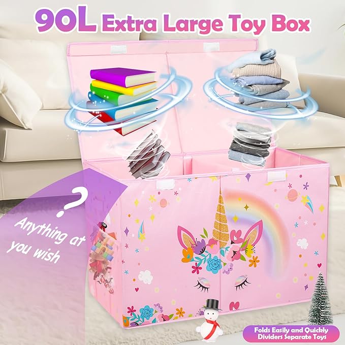 Large Toy Box Chest, Collapsible Sturdy Toy Storage Organizer for Kids, Boys, Girls, 25"x13"x16" Toy Chest Storage Bins with Lids Toy Bins Baskets Boxes for Living Room, Playroom, Nursery, Pink