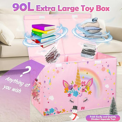 Large Toy Box Chest, Collapsible Sturdy Toy Storage Organizer for Kids, Boys, Girls, 25"x13"x16" Toy Chest Storage Bins with Lids Toy Bins Baskets Boxes for Living Room, Playroom, Nursery, Pink
