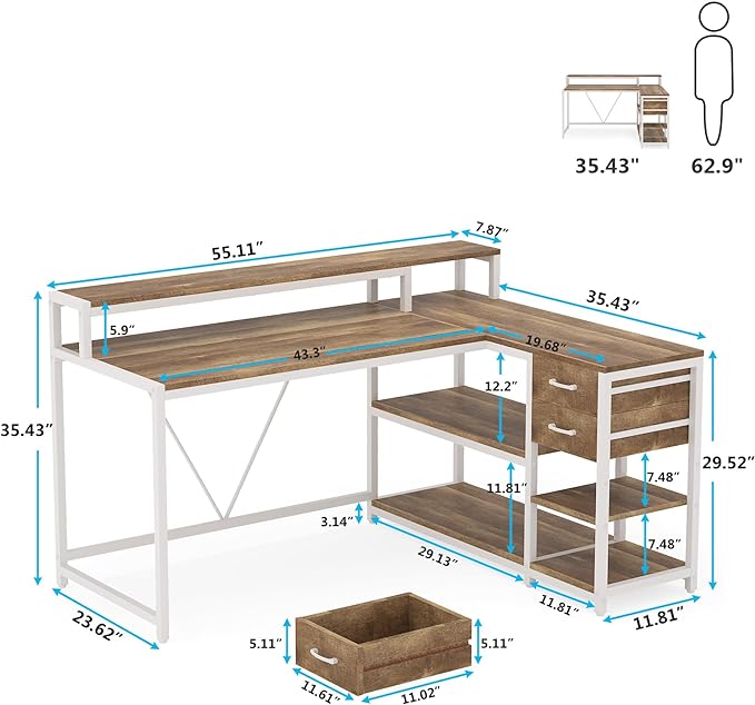 Reversible L-Shaped Computer Desk with hutch & Shelf,white