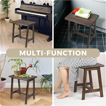 Rectangular Acacia Wood Stool (16.7" D x 13" W x 17.7" H) Small Bench Seat, Small End Table Stool, Bathroom Stool Wood, Plant Stool, Makeup Stool, Perfect Size for Living Room,Bathroom (Walnut Color)
